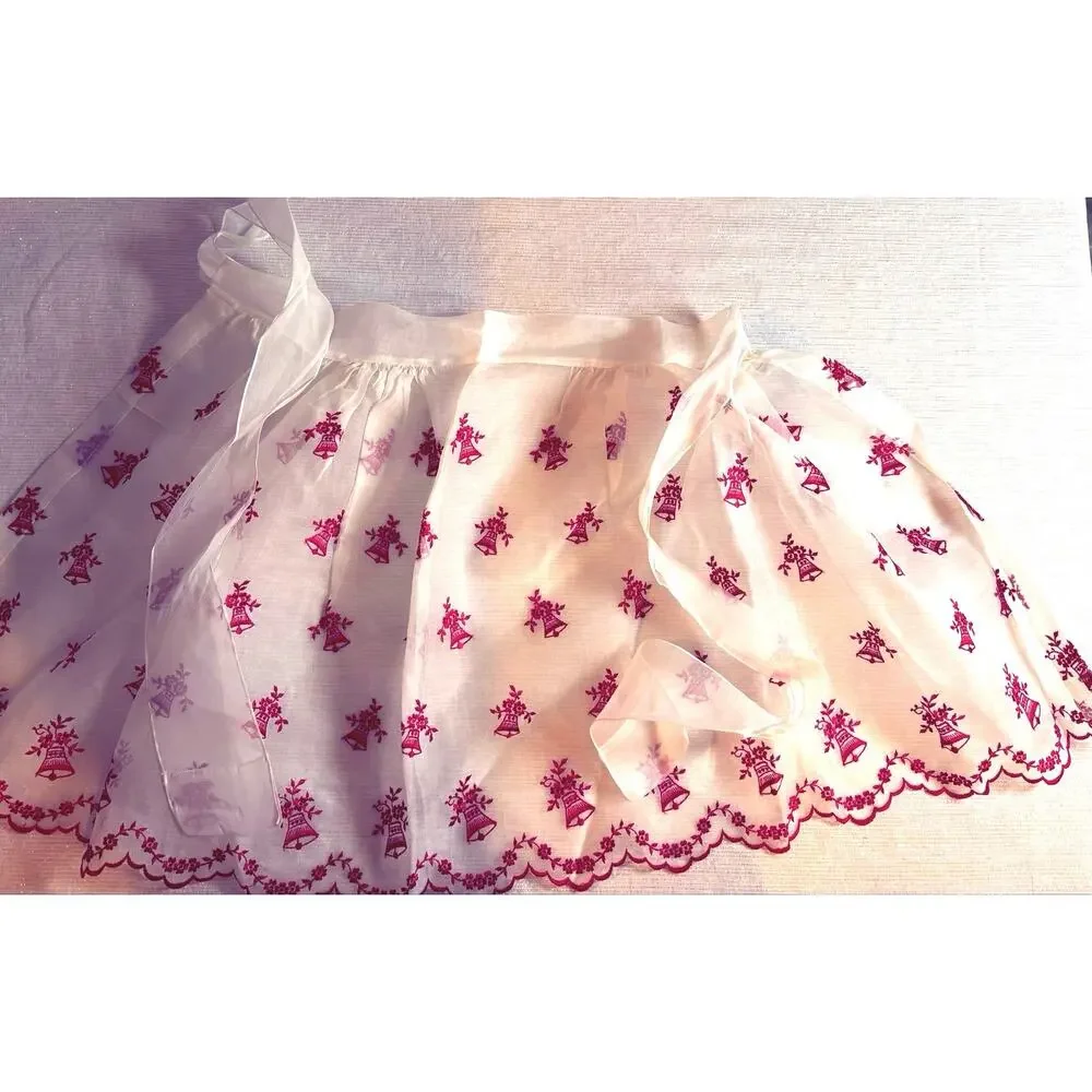 Vintage Christmas 1950s White Red Hostess Half Apron Sheer Housewife ScallopCUTE